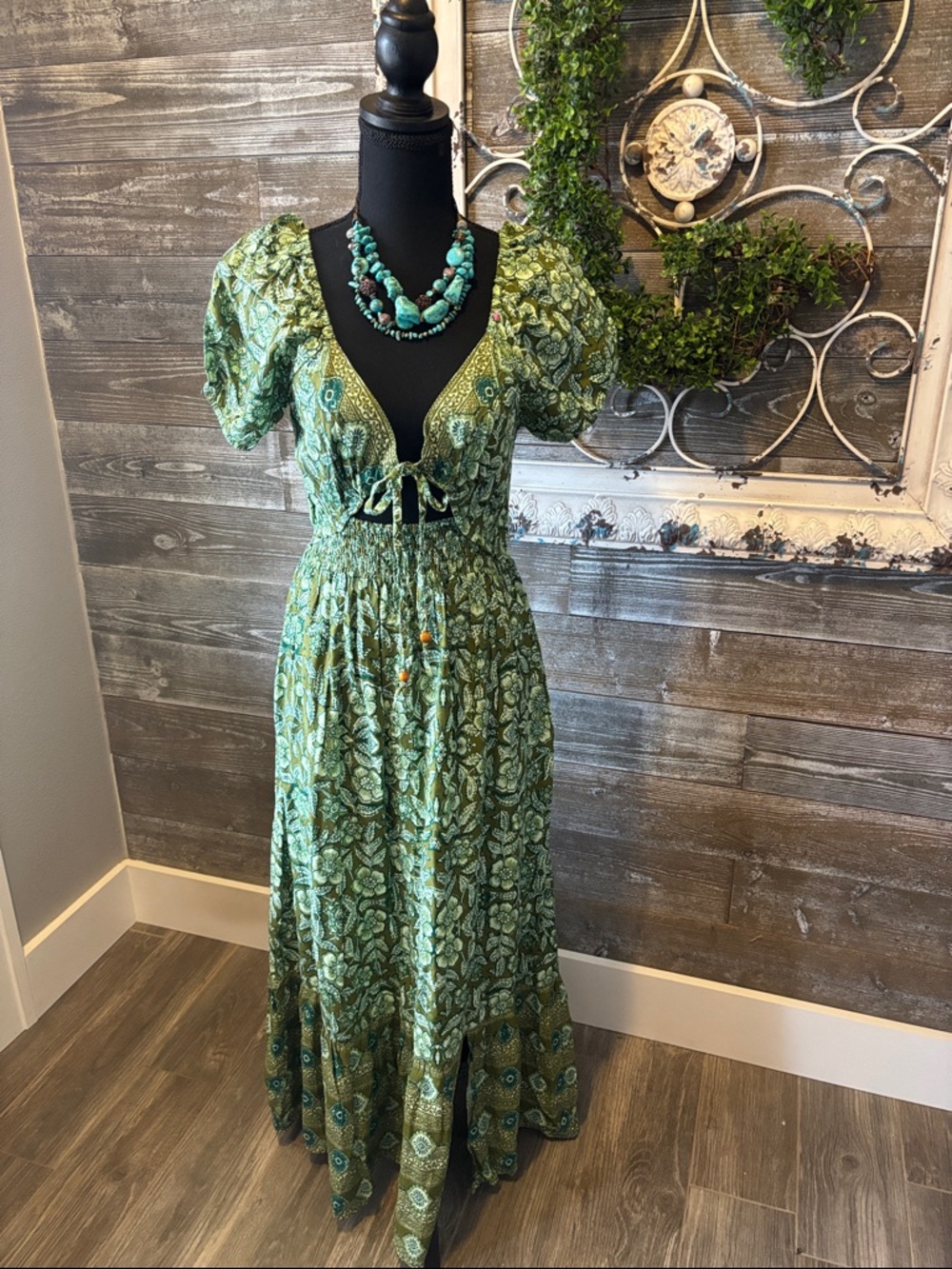 Japna (Size S) Boho Green Floral V-Neck Puff Sleeve Maxi Dress - 100% Rayon